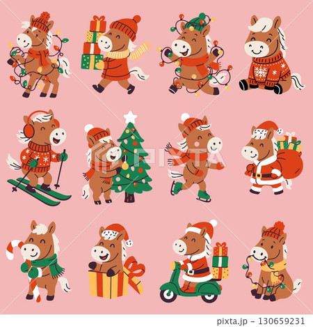 Festive Cartoon Horses in Christmas Costumes and Scenes Festive Cartoon Horses in Christmas Costumes and Scenes 130659231