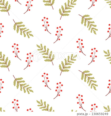 Seamless pattern of leaves and a branch with berries. Vector illustration, nature background. Seamless pattern of leaves and a branch with berries. Vector illustration, nature background. 130659249