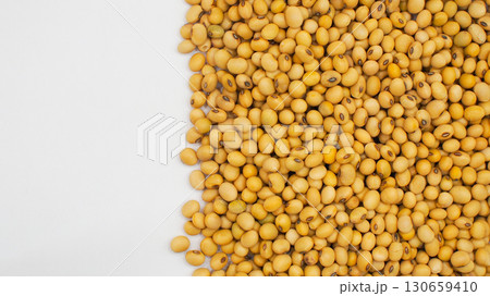 Soybeans Aligned on Right Side over White Background. Raw Legumes and Plant Protein Soybeans Aligned on Right Side over White Background. Raw Legumes and Plant Protein 130659410