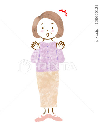 驚いた表情とポーズのシニア女性の手描きイラスト 130660125