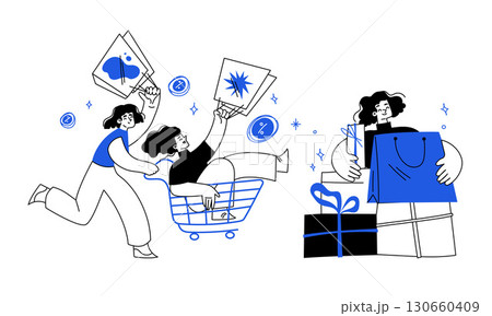 Engaging and Creative Shopping Experience Illustration Featuring Various Gift Themes and Ideas 130660409