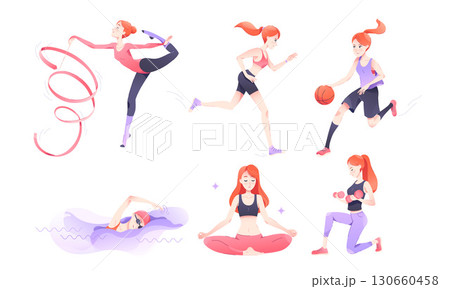Dynamic and Exciting Sports Activities Featuring a Young Woman Engaged in Various Sports 130660458