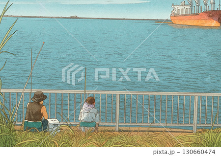 海で釣りをする男女 130660474