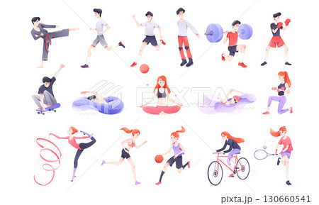 An artistic representation of various dynamic sports and fitness activities is illustrated 130660541