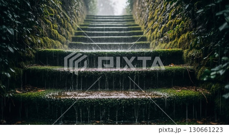 Mossy stairs with water gently flowing down. 130661223