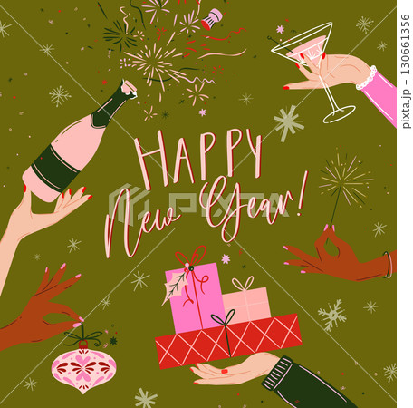 Happy new year celebration poster with bottle gifts sparkles green 130661356