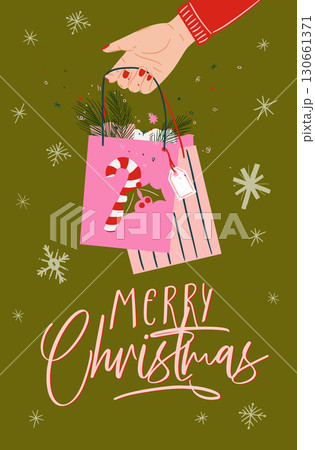 Christmas celebration poster with gift bag green. 130661371