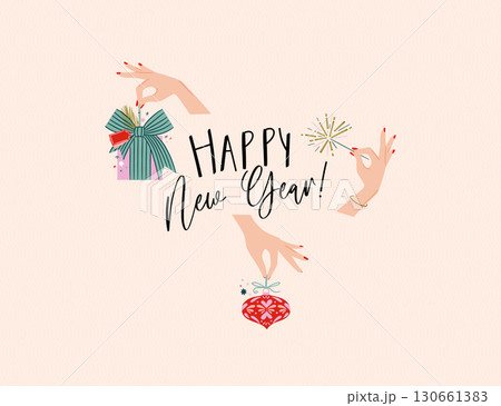Happy new year celebration poster with gift tree toy and sparkles beige Happy new year celebration poster with gift tree toy and sparkles beige 130661383