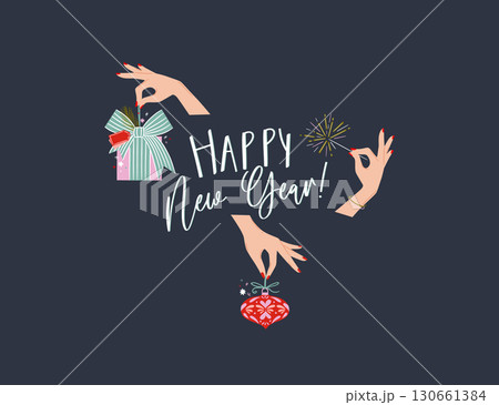 Happy new year celebration poster with gift tree toy and sparkles blue 130661384