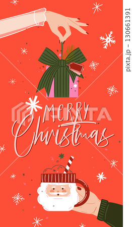 Merry christmas poster with hand holding gift and santa cup coral 130661391