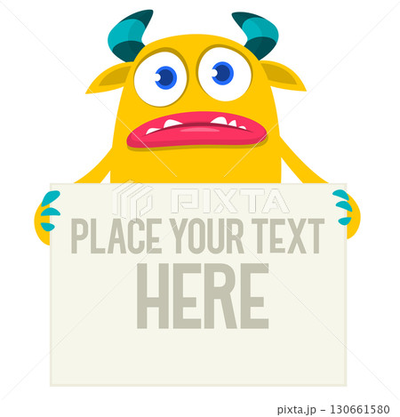 Catoon funny monster character holds banner paper sign for advertisement. Halloween illustration Catoon funny monster character holds banner paper sign for advertisement. Halloween illustration 130661580