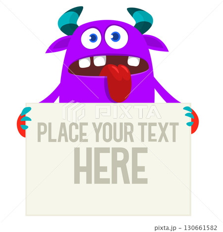 Catoon funny monster character holds banner paper sign for advertisement. Halloween illustration Catoon funny monster character holds banner paper sign for advertisement. Halloween illustration 130661582