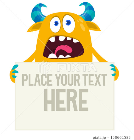 Catoon funny monster character holds banner paper sign for advertisement. Halloween illustration 130661583