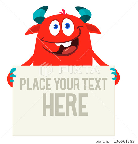 Catoon funny monster character holds banner paper sign for advertisement. Halloween illustration Catoon funny monster character holds banner paper sign for advertisement. Halloween illustration 130661585