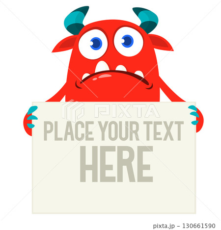 Catoon funny monster character holds banner paper sign for advertisement. Halloween illustration 130661590