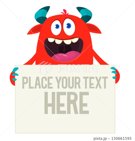 Catoon funny monster character holds banner paper sign for advertisement. Halloween illustration 130661595