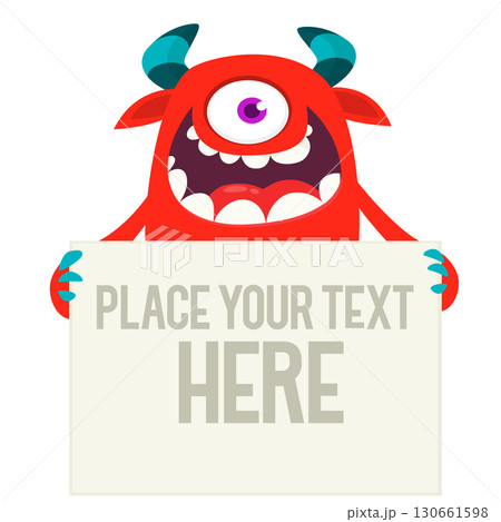 Catoon funny monster character holds banner paper sign for advertisement. Halloween illustration 130661598