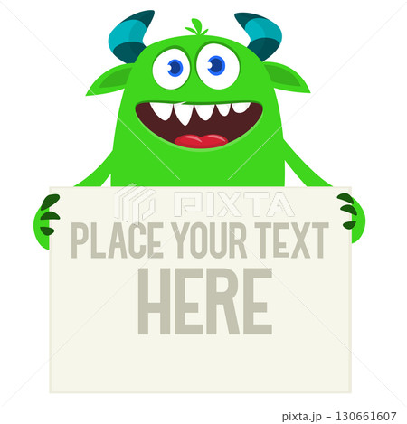 Catoon funny monster character holds banner paper sign for advertisement. Halloween illustration Catoon funny monster character holds banner paper sign for advertisement. Halloween illustration 130661607