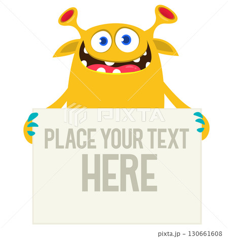 Catoon funny monster character holds banner paper sign for advertisement. Halloween illustration Catoon funny monster character holds banner paper sign for advertisement. Halloween illustration 130661608