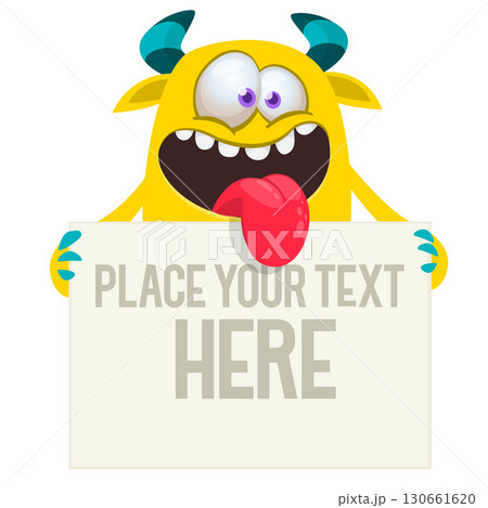 Catoon funny monster character holds banner paper sign for advertisement. Halloween illustration Catoon funny monster character holds banner paper sign for advertisement. Halloween illustration 130661620