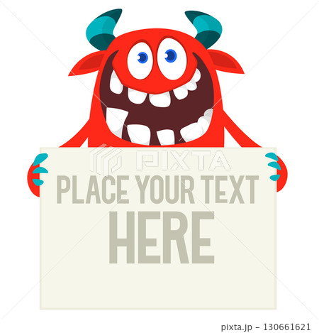 Catoon funny monster character holds banner paper sign for advertisement. Halloween illustration 130661621