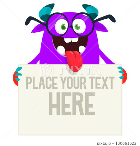 Catoon funny monster character holds banner paper sign for advertisement. Halloween illustration Catoon funny monster character holds banner paper sign for advertisement. Halloween illustration 130661622