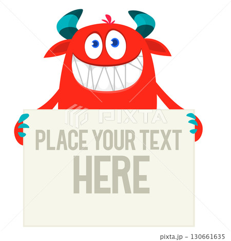 Catoon funny monster character holds banner paper sign for advertisement. Halloween illustration 130661635