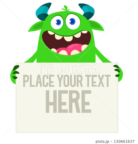 Catoon funny monster character holds banner paper sign for advertisement. Halloween illustration 130661637
