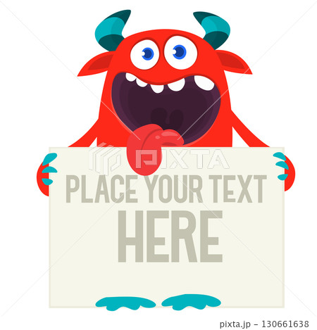 Catoon funny monster character holds banner paper sign for advertisement. Halloween illustration 130661638