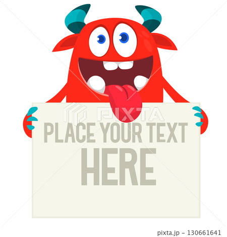 Catoon funny monster character holds banner paper sign for advertisement. Halloween illustration Catoon funny monster character holds banner paper sign for advertisement. Halloween illustration 130661641