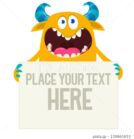Catoon funny monster character holds banner paper sign for advertisement. Halloween illustration 130661653