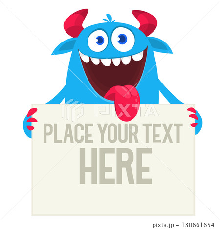 Funny cartoon monster or alien holding empty sheet, banner or sign board for text 130661654