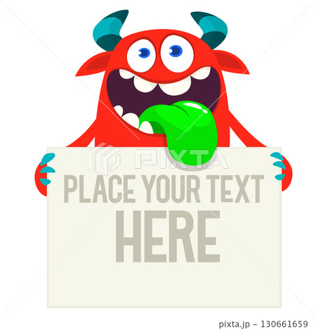 Funny cartoon monster or alien holding empty sheet, banner or sign board for text Funny cartoon monster or alien holding empty sheet, banner or sign board for text 130661659