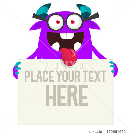 Funny cartoon monster holding empty paper sheet,  banner or sign board for text 130661662