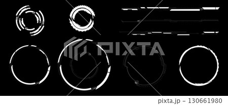 Various futuristic digital interface components are displayed, showcasing circular and linear designs ideal for technology-focused creative projects. These elements feature sleek, modern aesthetics 130661980