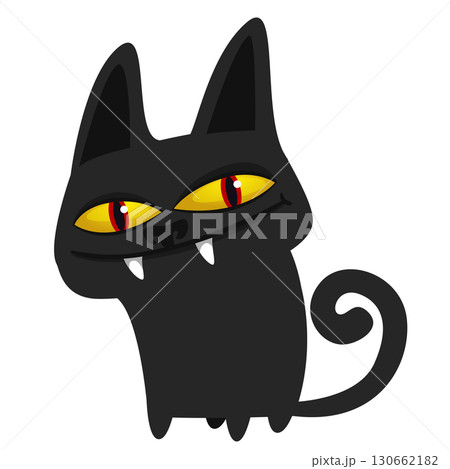 Cartoon black witch cat. Halloween illustration of funny kitty with yellow eyes Cartoon black witch cat. Halloween illustration of funny kitty with yellow eyes 130662182