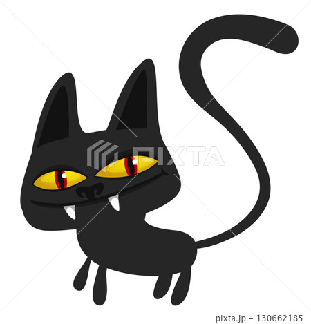 Cartoon black witch cat. Halloween illustration of funny kitty with yellow eyes 130662185