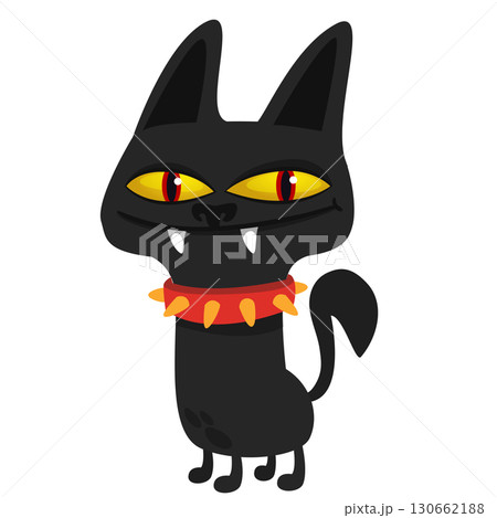 Cartoon black witch cat. Halloween illustration of funny kitty with yellow eyes Cartoon black witch cat. Halloween illustration of funny kitty with yellow eyes 130662188