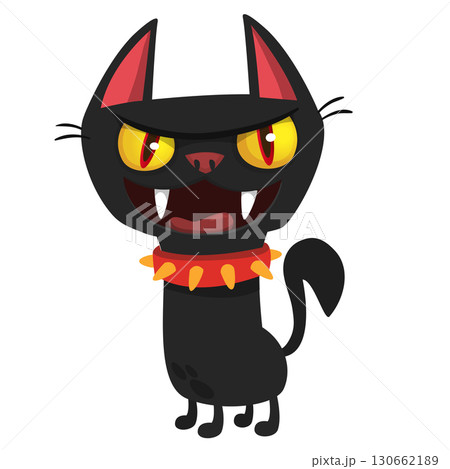Cartoon black witch cat. Halloween illustration of funny kitty with yellow eyes 130662189