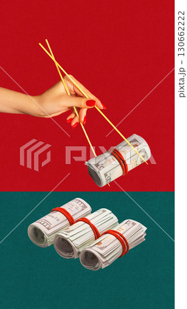 Creative digital artwork. Shopping cart overloaded with green money rolls on orange background Creative digital artwork. Shopping cart overloaded with green money rolls on orange background 130662222