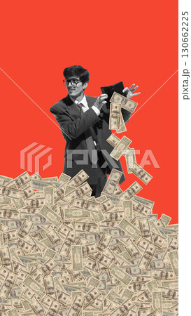 Graphic composition. Businessman throwing cash from wallet into pile of money Graphic composition. Businessman throwing cash from wallet into pile of money 130662225