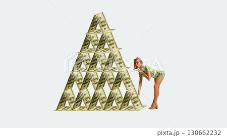 Graphic artwork. Pyramid of dollar bills with surprised retro woman in green outfit Graphic artwork. Pyramid of dollar bills with surprised retro woman in green outfit 130662232