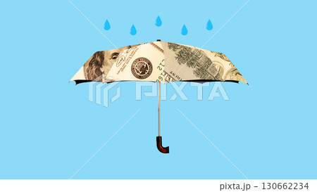 Abstract collage. Umbrella made of dollar bills protecting from falling raindrops Abstract collage. Umbrella made of dollar bills protecting from falling raindrops 130662234