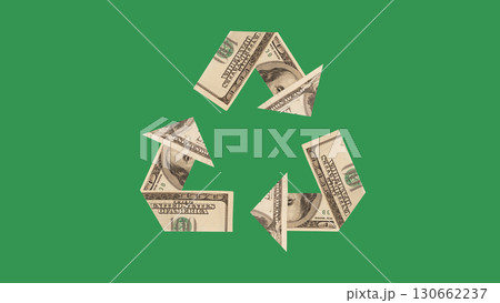 Minimalist artwork. Recycled dollar bills forming eco symbol on green background Minimalist artwork. Recycled dollar bills forming eco symbol on green background 130662237
