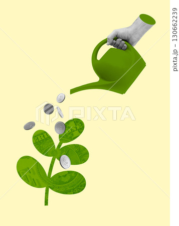 Digital artwork. Hand watering plant with dollar leaves and coins falling on yellow background 130662239