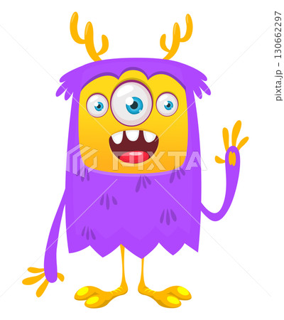 Cartoon cute monster with funny excited face expression waving hands . Vector illustration isolated on white. Halloween design Cartoon cute monster with funny excited face expression waving hands . Vector illustration isolated on white. Halloween design 130662297