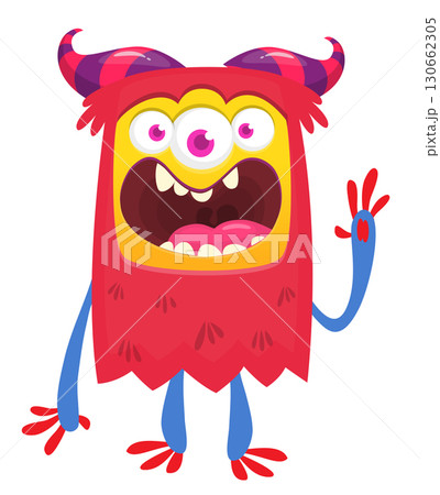 Cartoon cute monster with funny excited face expression waving hands . Vector illustration isolated on white. Halloween design 130662305