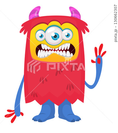 Cartoon cute monster with funny excited face expression with three eyes waving hands . Vector illustration isolated on white. Halloween design 130662307