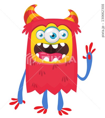 Cartoon cute monster with funny excited face expression waving hands . Vector illustration isolated on white. Halloween design 130662308