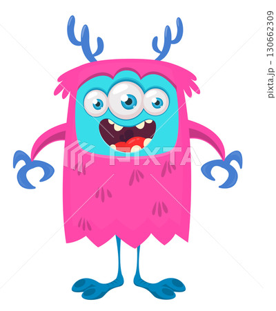 Cartoon cute monster with funny excited face expression waving hands . Vector illustration isolated on white. Halloween design Cartoon cute monster with funny excited face expression waving hands . Vector illustration isolated on white. Halloween design 130662309
